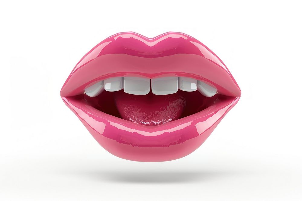 Pink mouth lipstick teeth white background.
