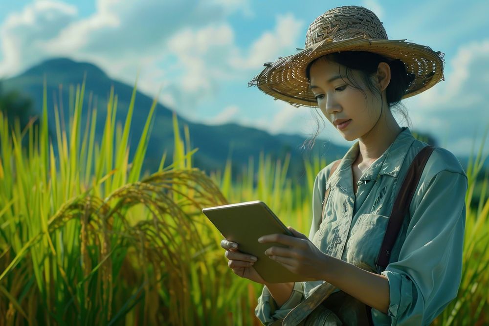 Thai woman farmer in a green rice field using a digital tablet electronics countryside clothing.