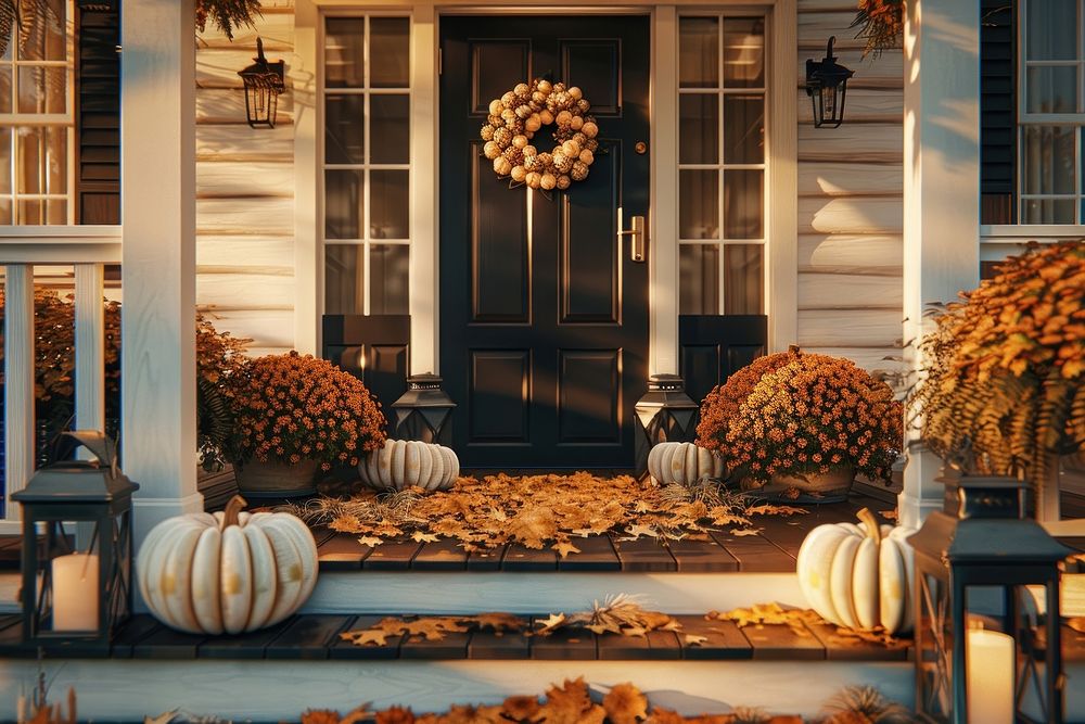 The front door with fall decoration house architecture building.