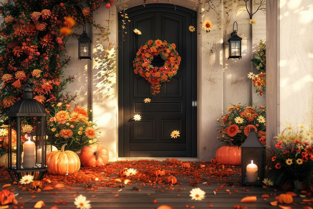 The front door with fall decoration festival candle gate.