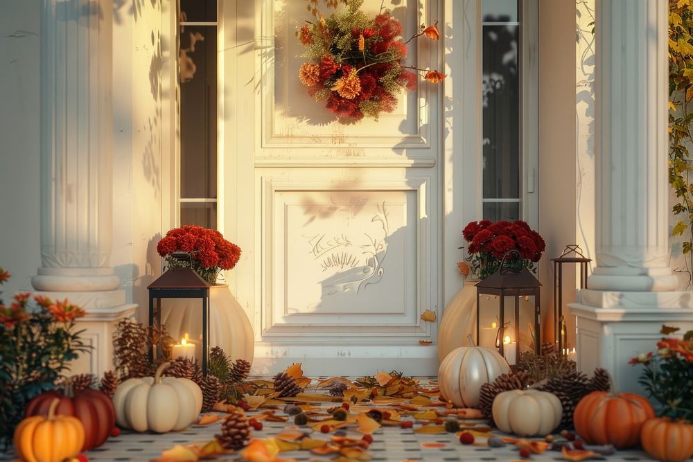 The front door with fall decoration pumpkin flower vegetable.