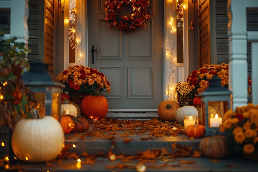 The front door with fall decoration festival candle.