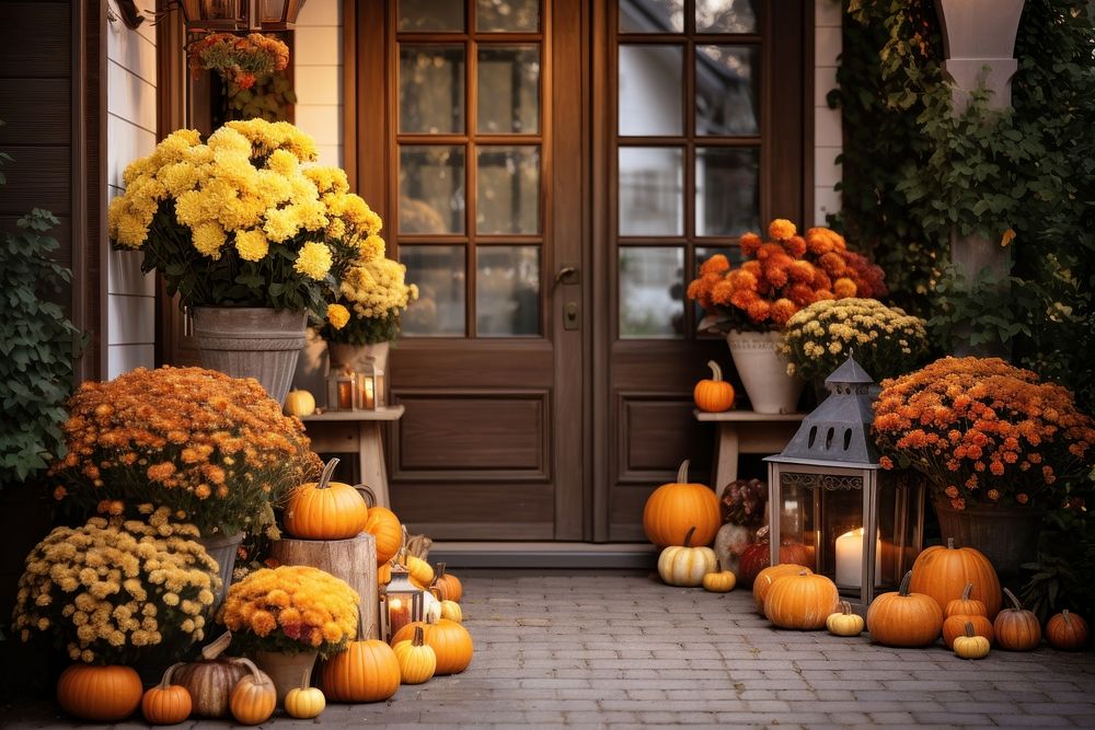 The front door with fall decoration pumpkin vegetable festival.