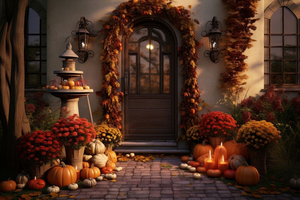 The front door with fall decoration festival gate.
