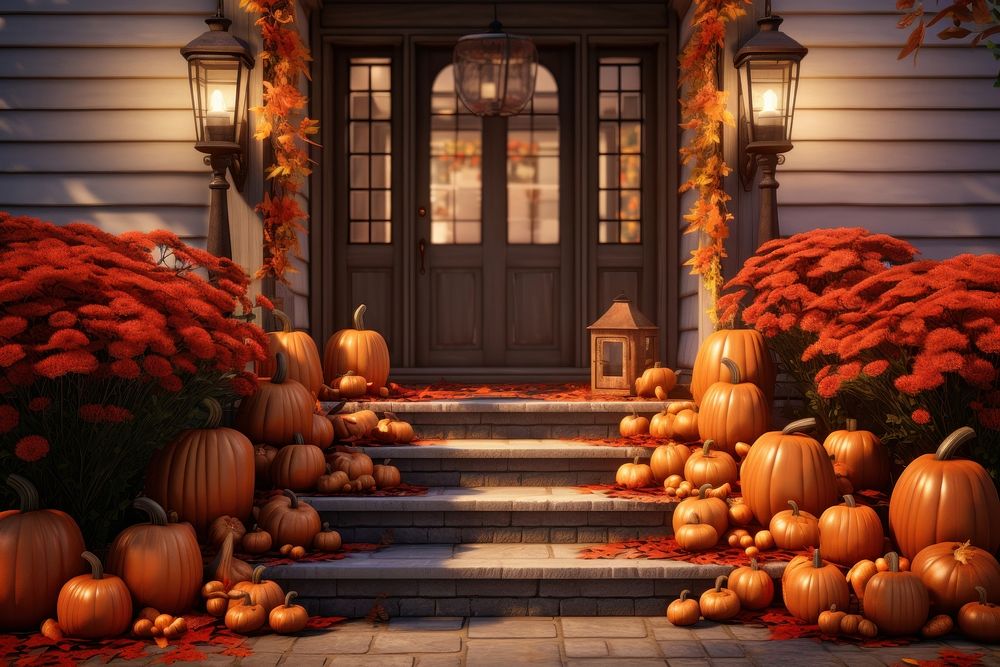 The front door had a fall decoration jack-o-lantern halloween festival.