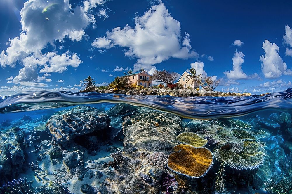 Tropical island and underwater landscape panoramic shoreline.