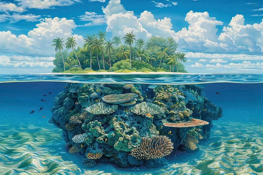 Tropical island and underwater outdoors nature ocean.