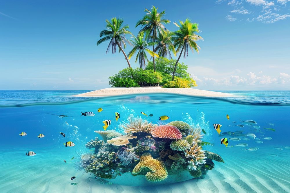 Tropical island and underwater shoreline outdoors scenery.
