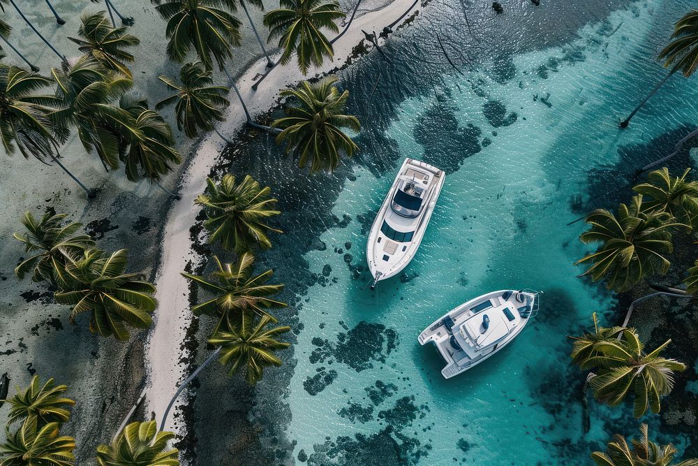 Tropical island paradise yacht transportation recreation shoreline.