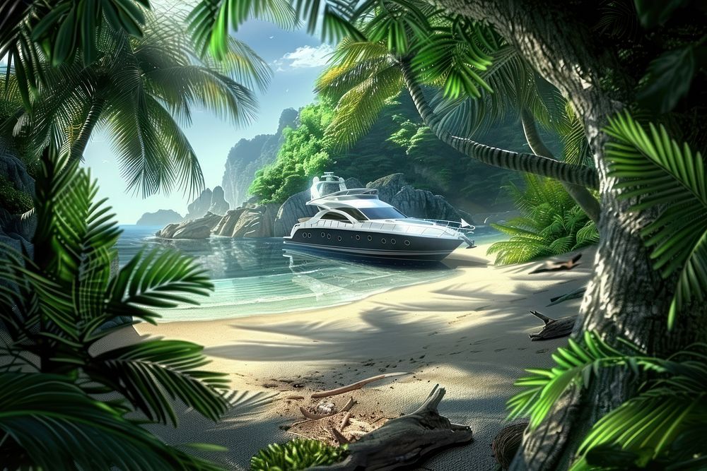 Tropical island paradise yacht transportation vegetation rainforest.