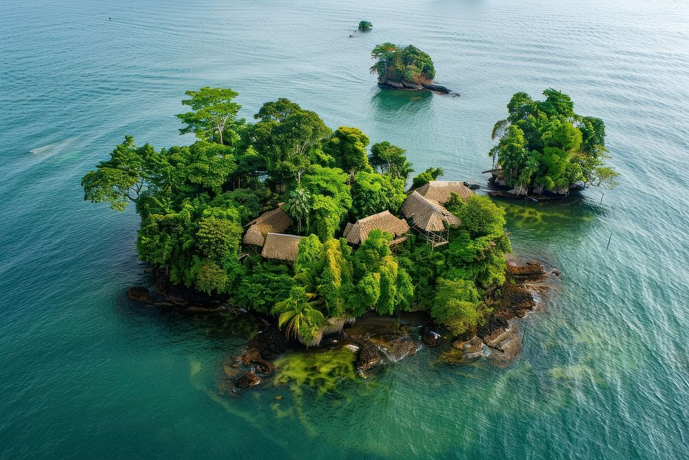 Tropical island with cottages architecture vegetation shoreline.