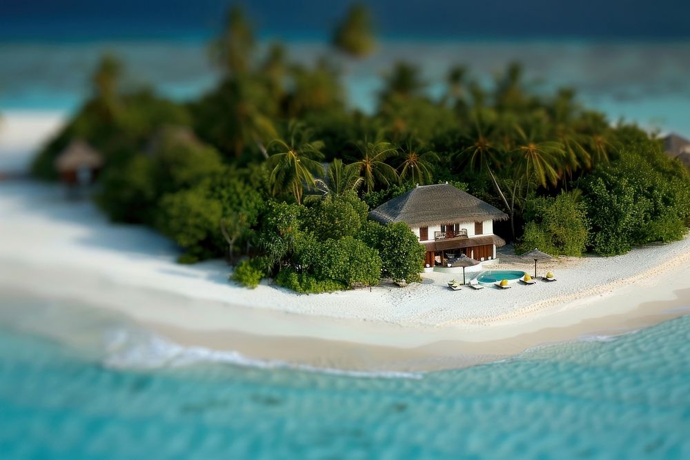 Tropical island with cottages architecture shoreline outdoors.