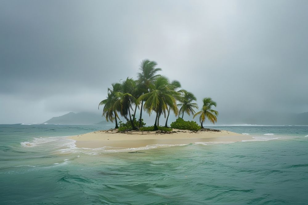 Tropical island with palm trees shoreline outdoors scenery.