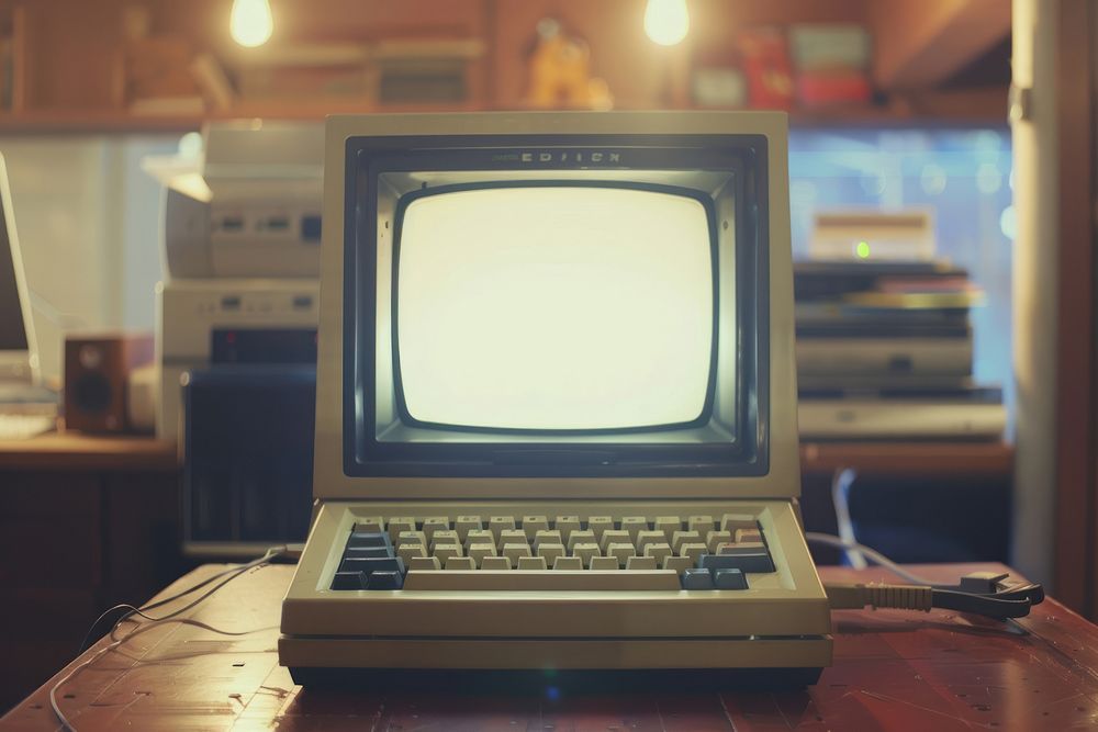 Vintage computer electronics television furniture.