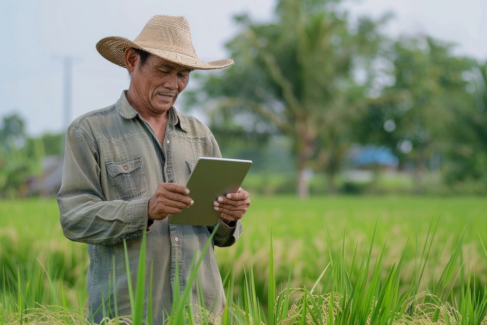 A modern Thai farmer in a green rice field using a digital tablet countryside electronics outdoors.