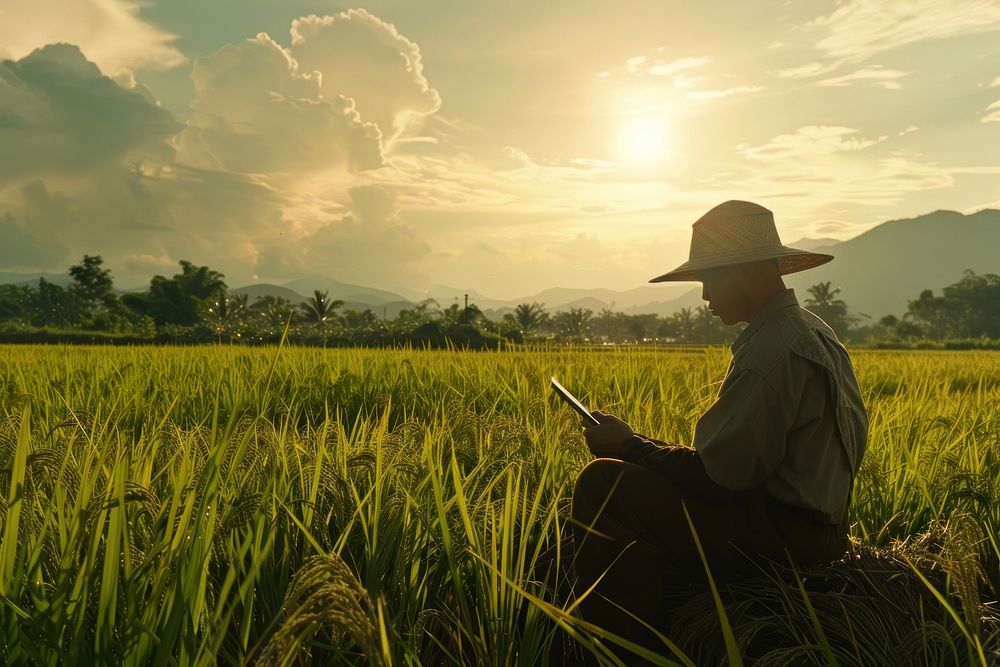 A modern Thai farmer in a green rice field using a digital tablet photography countryside agriculture.