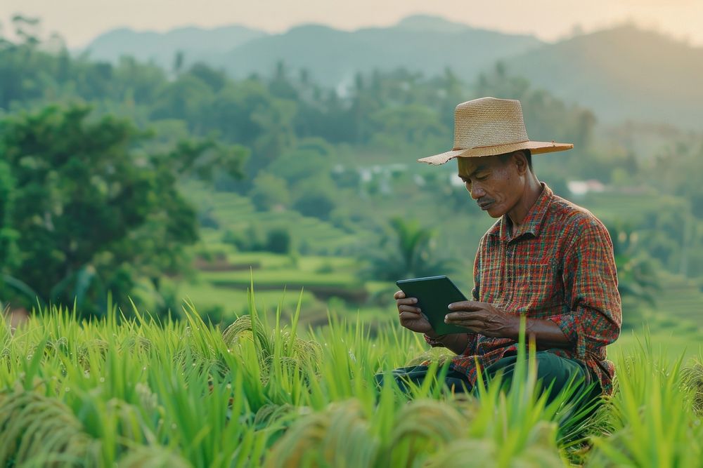 A modern Thai farmer in a green rice field using a digital tablet countryside outdoors clothing.