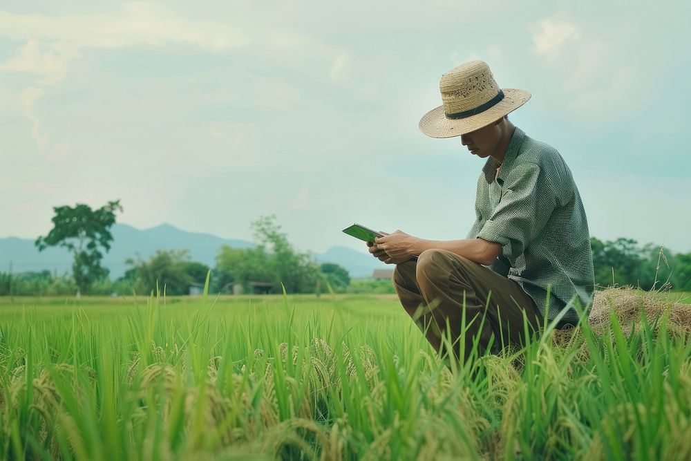 A modern Thai farmer in a green rice field using a digital tablet countryside outdoors clothing.