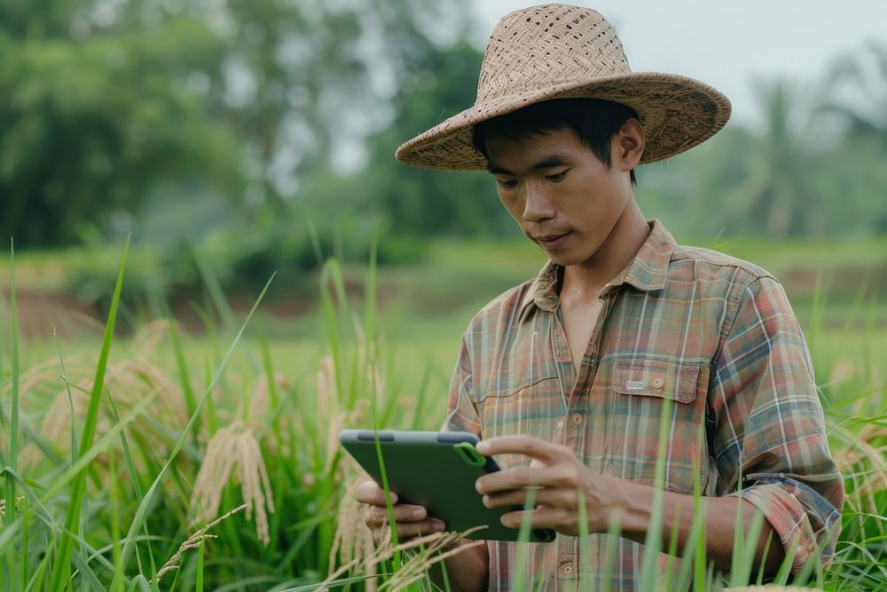 A modern Thai farmer in a green rice field using a digital tablet countryside electronics clothing.