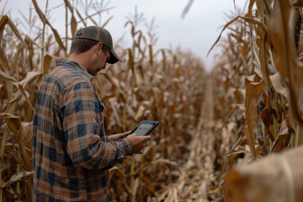 A modern farmer in a corn field using a digital tablet man photography electronics.