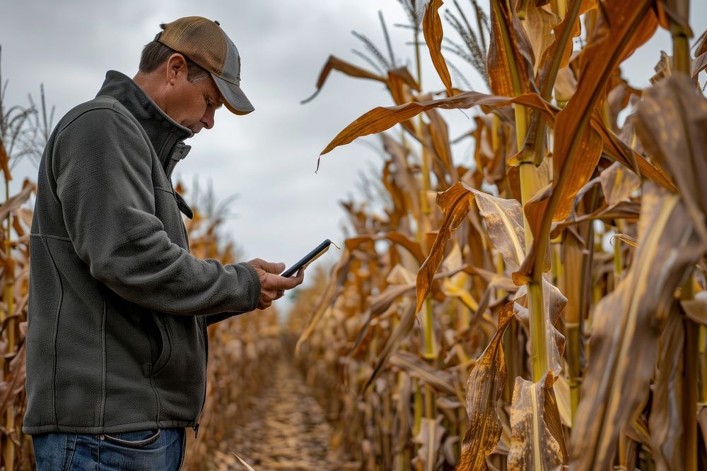A modern farmer in a corn field using a digital tablet man photography clothing.