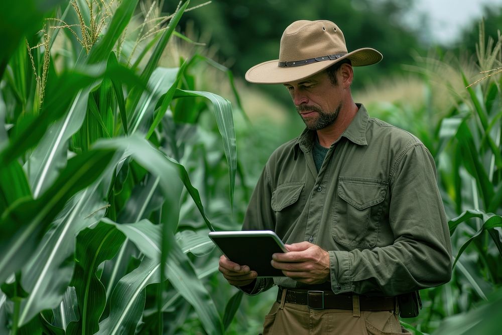 A modern farmer in a green corn field using a digital tablet electronics accessories accessory.