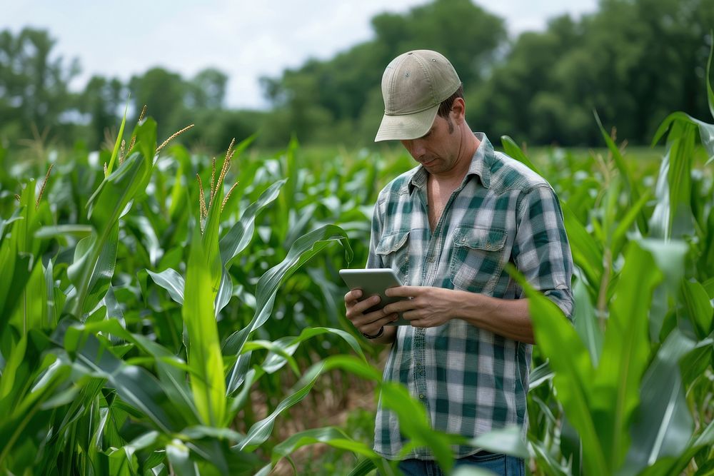 A modern farmer in a green corn field using a digital tablet electronics outdoors clothing.
