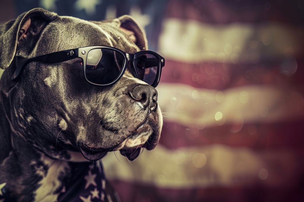 A dog wearing sunglasses flag accessories photography.