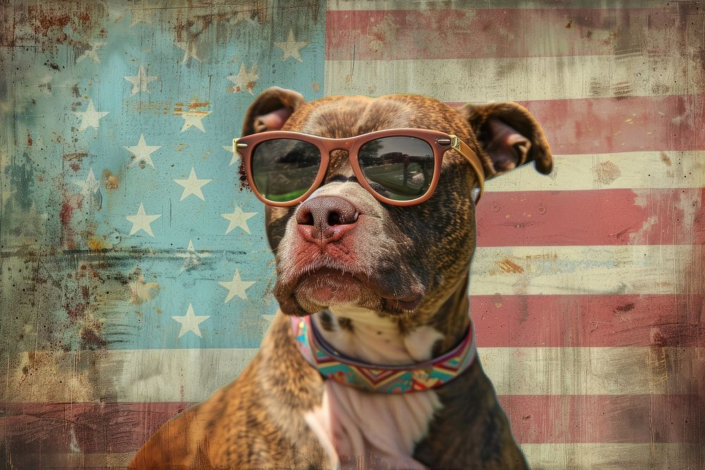 A dog wearing sunglasses flag accessories photography.