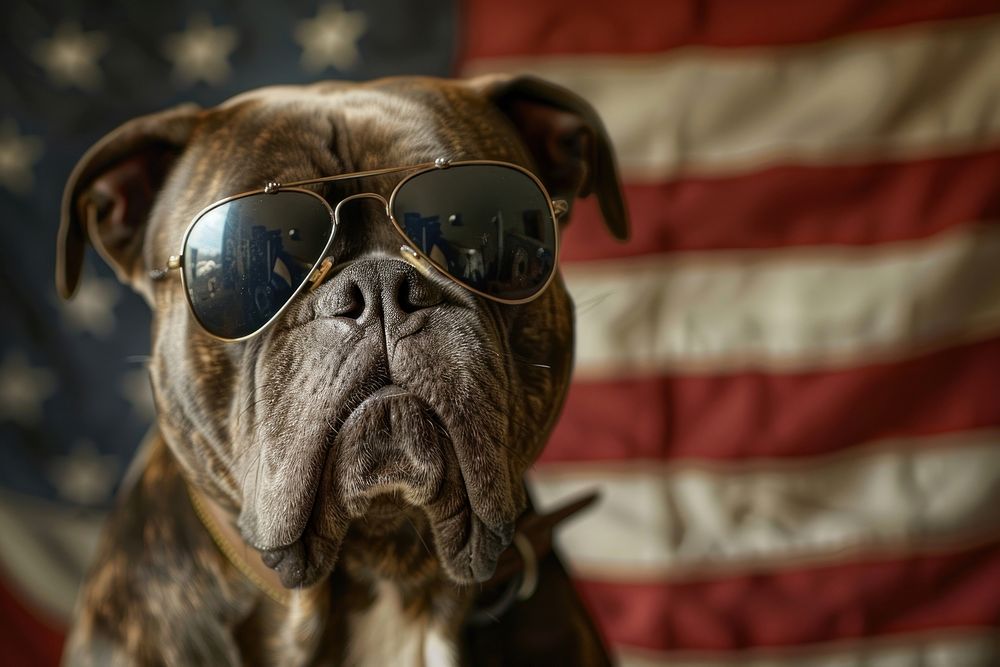 A dog wearing sunglasses flag accessories accessory.