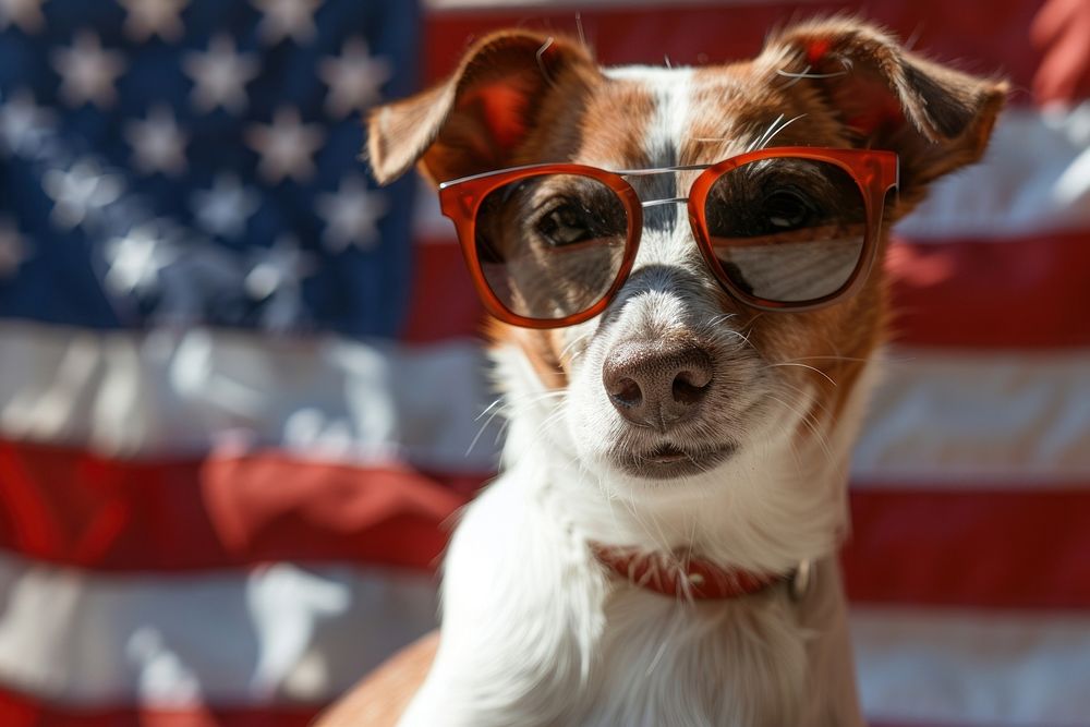 A dog wearing sunglasses flag american flag accessories.