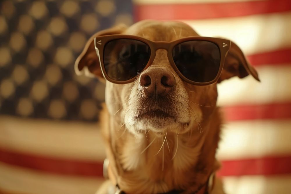 A dog wearing 1940s sunglasses flag accessories accessory.