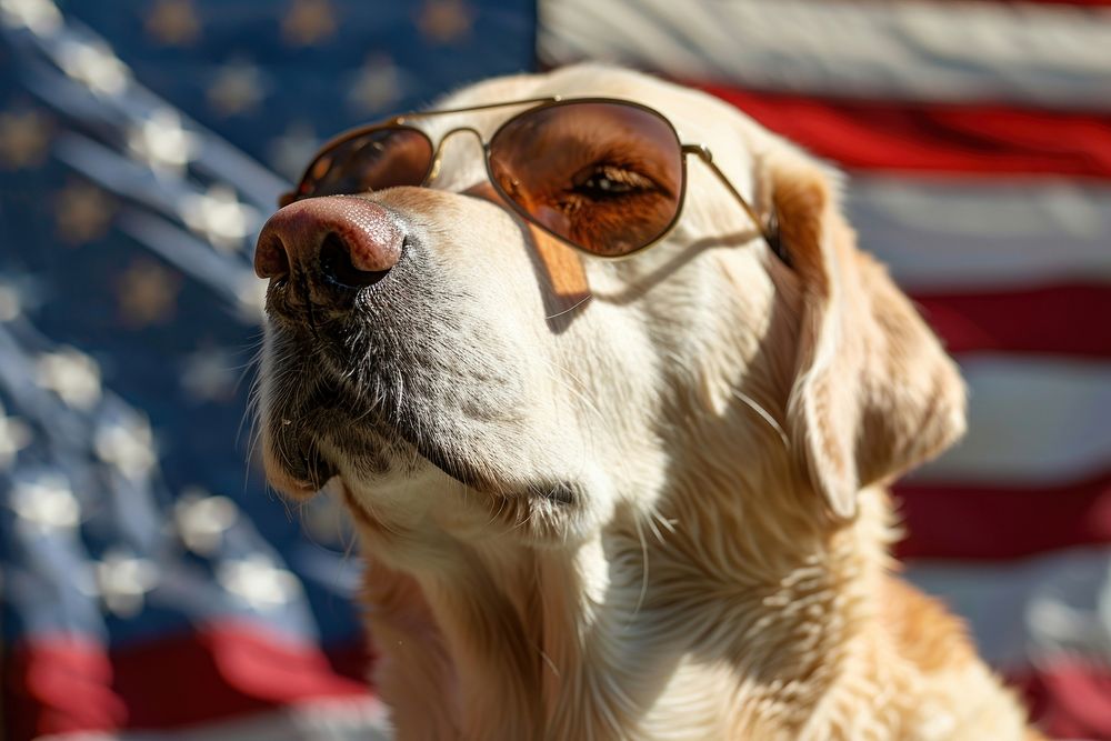 A dog wearing 1940s sunglasses flag animal canine.
