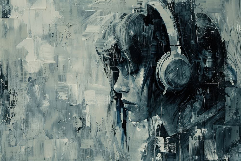 A girl with headphone painting art electronics.