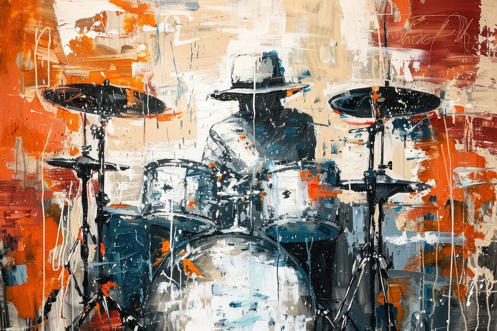 A drummer splashing cymbals in the bar painting art transportation.