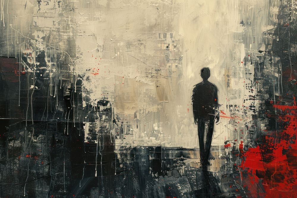 A man walking in the city background painting art person.