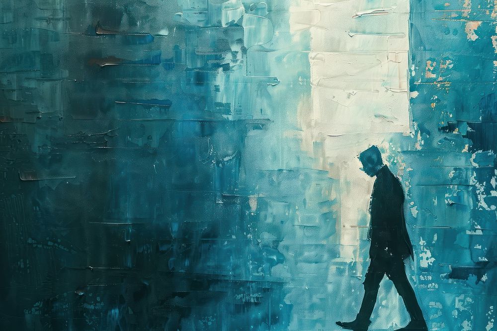 A man walking in the city background painting art clothing.