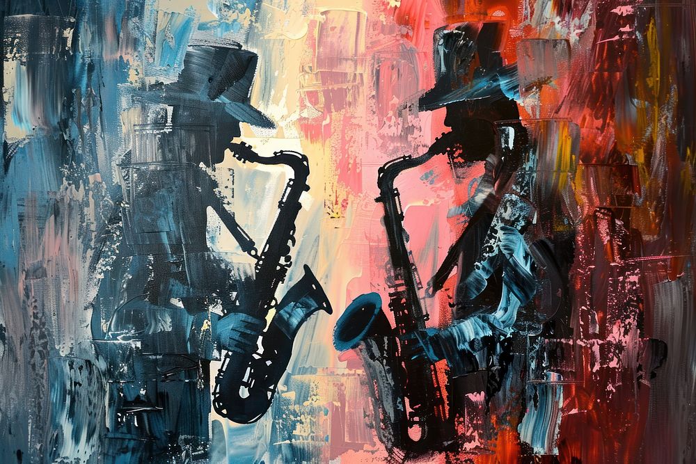 A musician facing each others and playing saxophone painting art transportation.