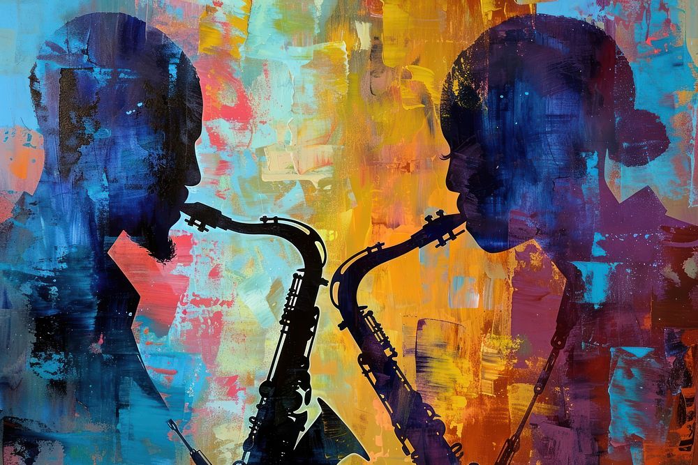 A musician facing each others and playing saxophone painting art weaponry.