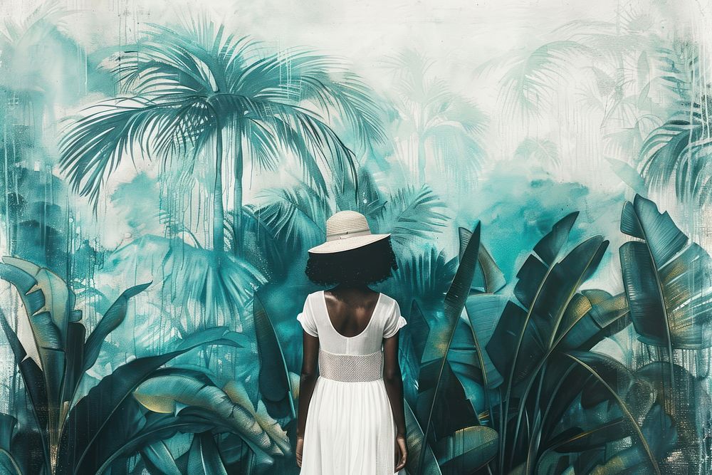 African black woman in tropical wall background painting art vegetation.