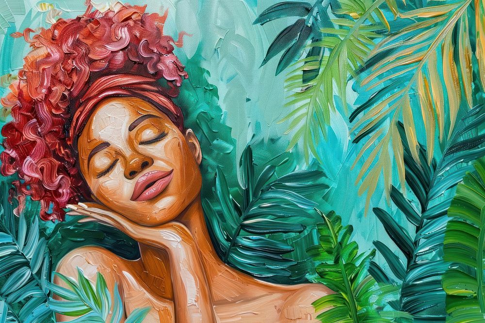 African black woman in tropical wall painting art photography.