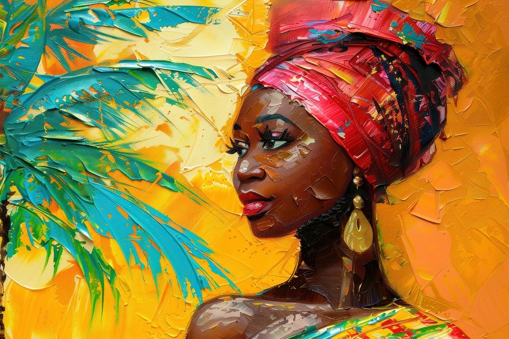 African black woman in tropical wall background painting art photography.