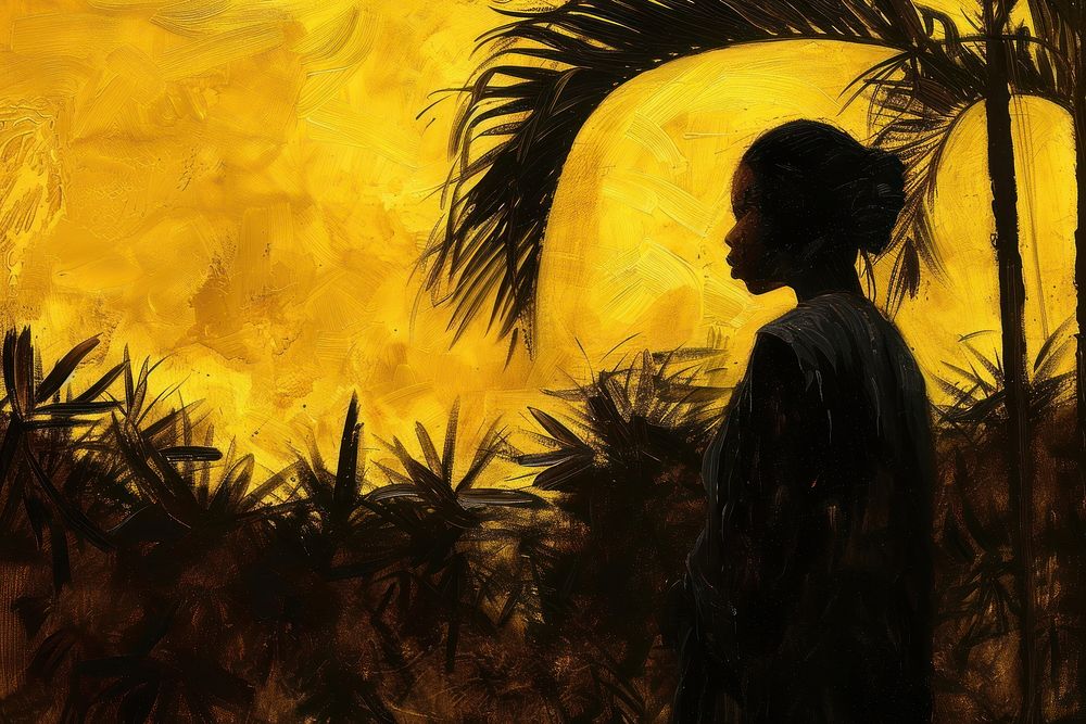 African black woman in tropical wall painting art vegetation.