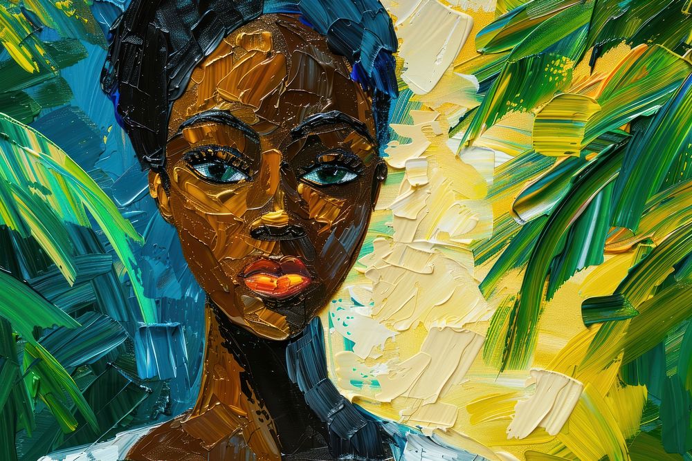 Black woman in tropical colour background painting art outdoors.