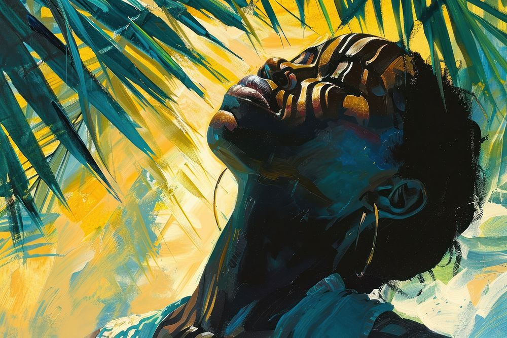 Black woman in tropical background painting brush art.