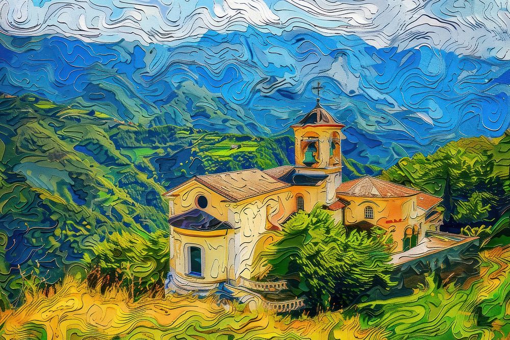 Impressionist church in the hill painting art architecture.