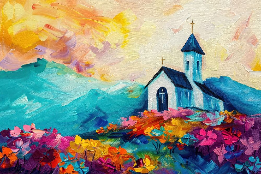 Impressionist church in the hill painting art graphics.