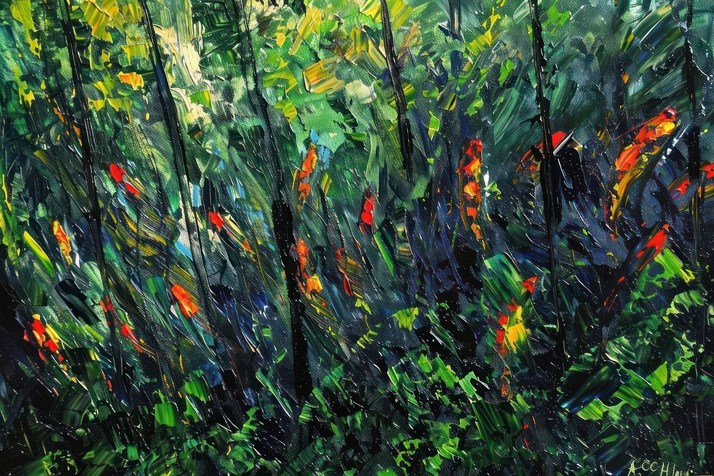 Impressionist koi fish art vegetation rainforest.
