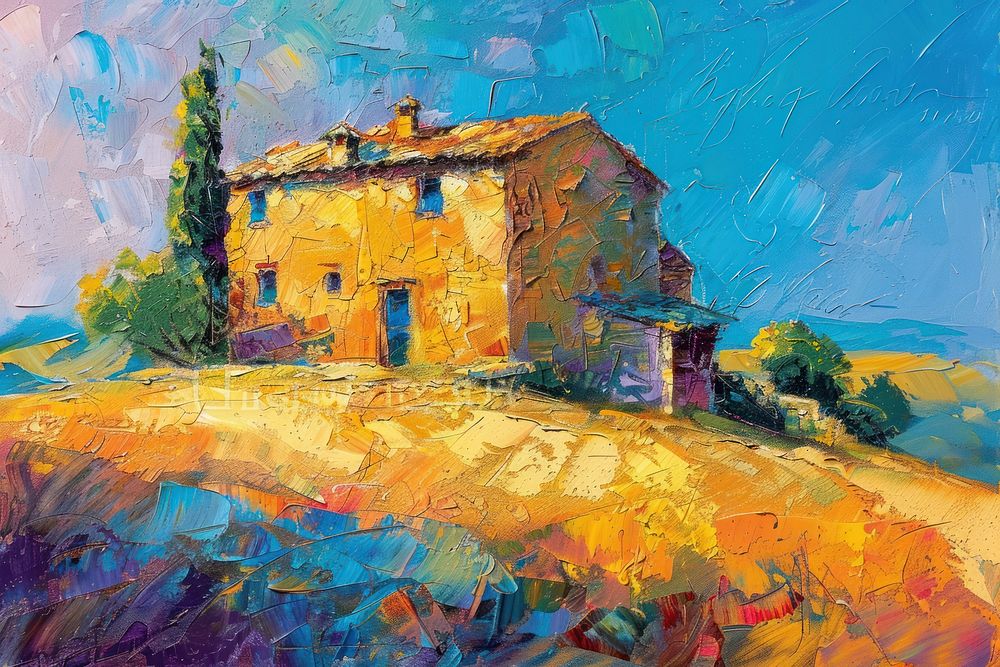Impressionist house in the hill painting art architecture.