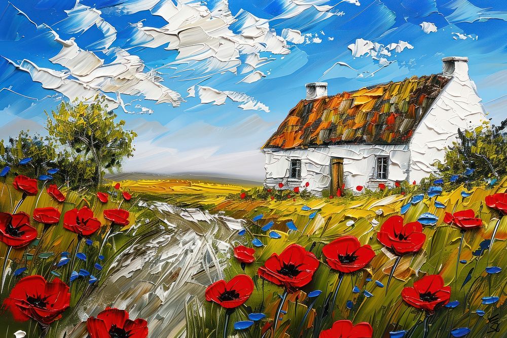 Impressionist house in the hill painting art architecture.
